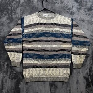 Private Club Sweater Mens Medium Multi Color Textured Knit Vintage Striped 90s